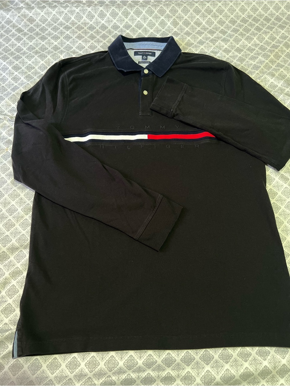 Tommy Hilfiger Black Long-Sleeve Polo with Red and White Stripe